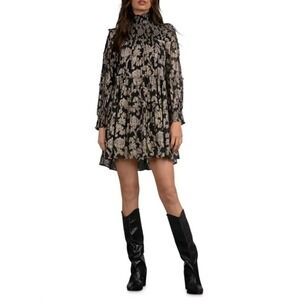 NEW Elan Mock Neck Tiered‎ Dress Size L Metallic Gold & Black $112 Holiday Dress